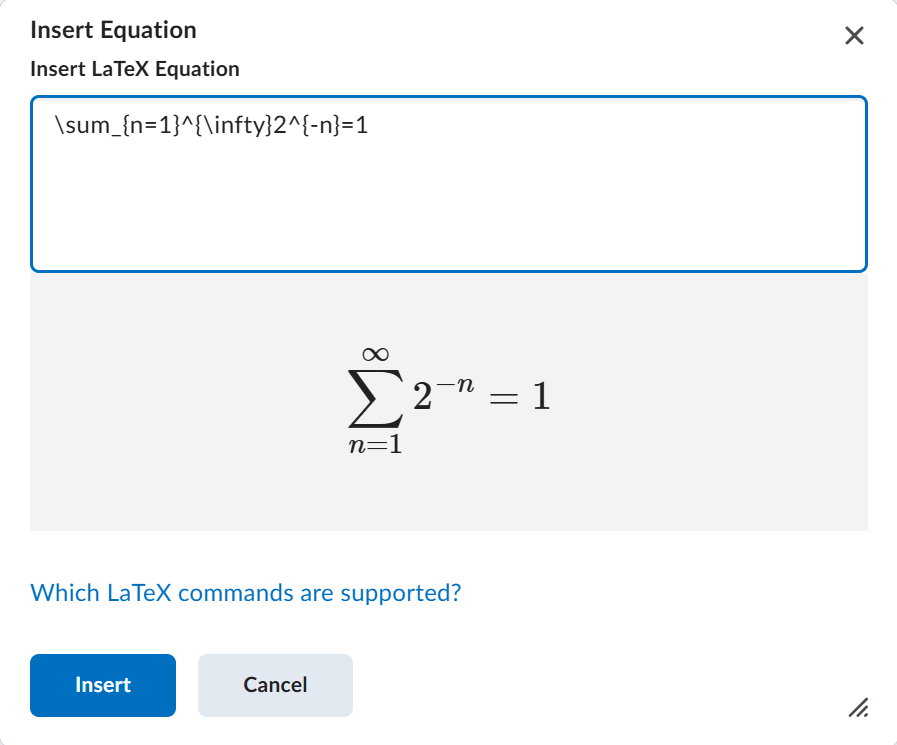 LaTeX Equation Editor dialog showing a LaTeX command entered in the input field with the rendered equation preview below.
