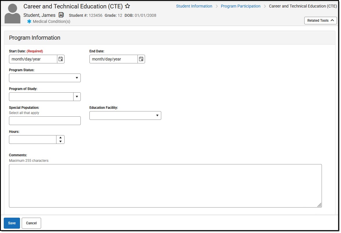 Screenshot of the CTE Program Information editor