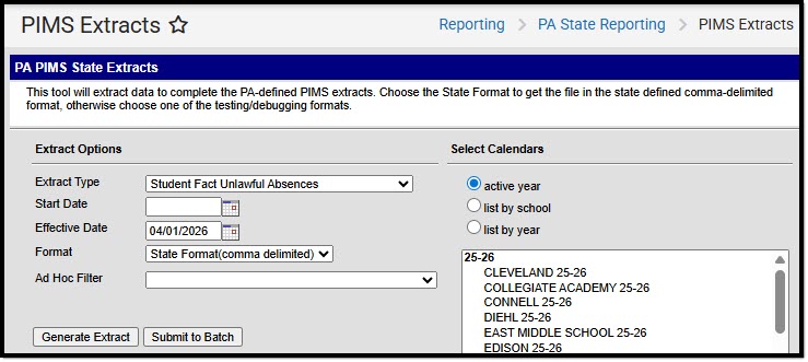 Screenshot of the Student Fact Unlawful Absences Extract Editor.