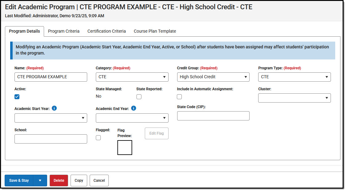 Screenshot of new Academic Program in process of being entered, starting with the Program Details screen.