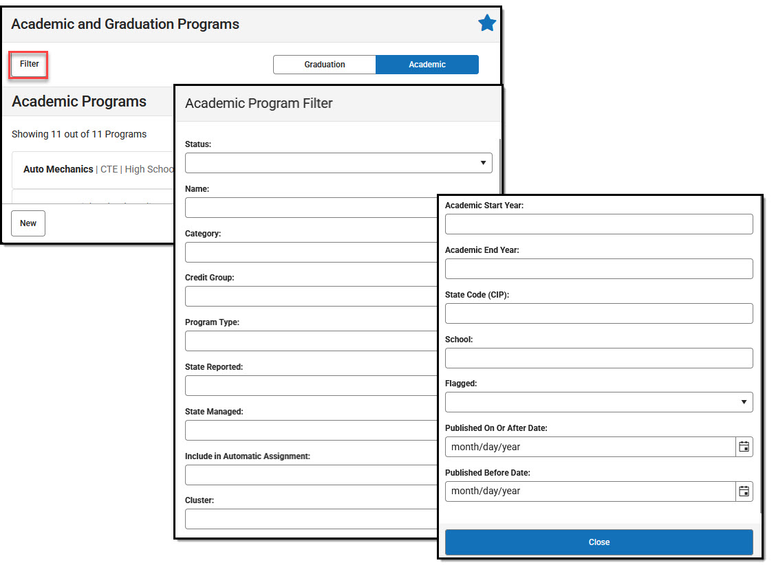 Screenshot of the Academic Programs Filter