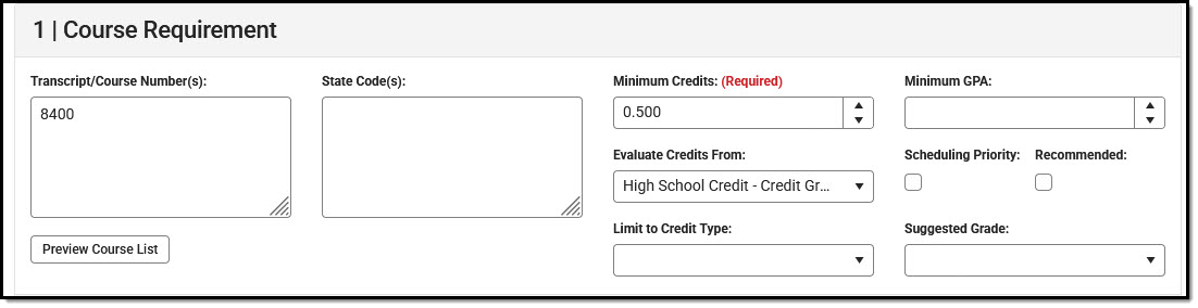 Screenshot of course requirement fields