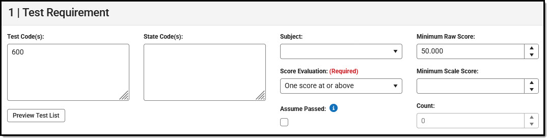Screenshot of test requirement fields