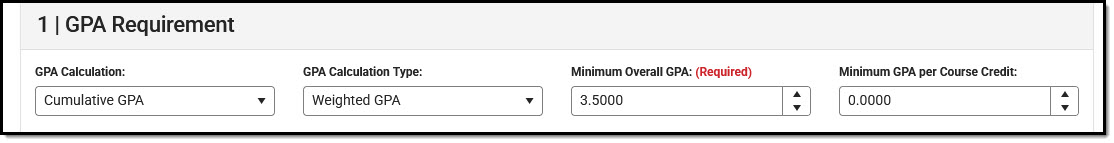 Screenshot of GPA requirement fields