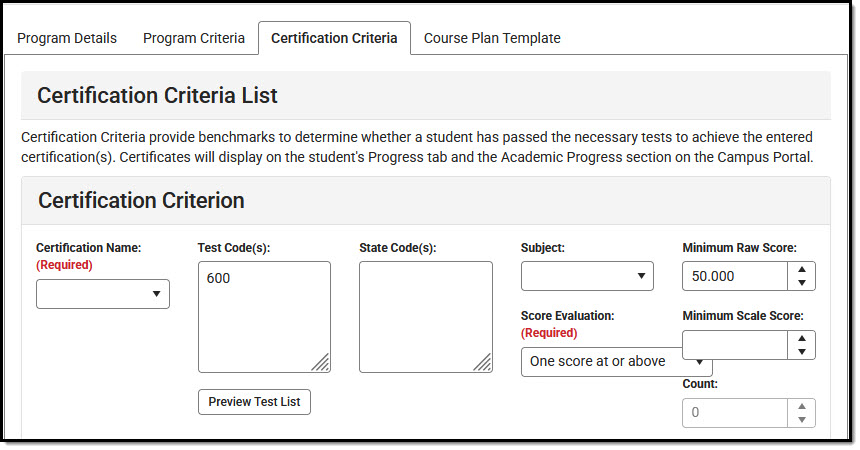Screenshot of Certification Criteria fields