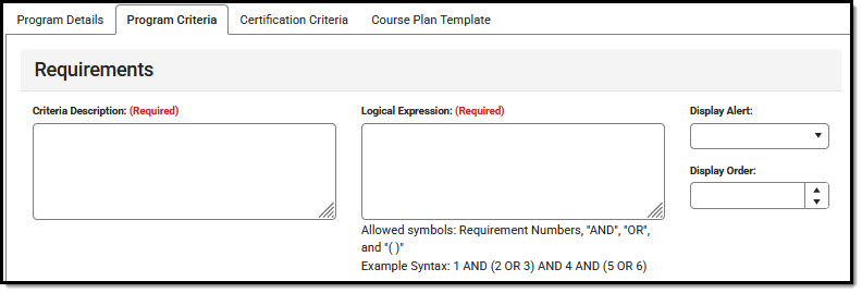 Screenshot of program criteria editor fields.