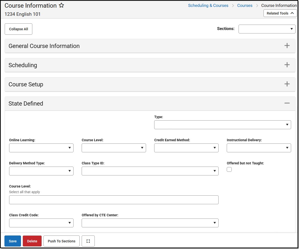 Screenshot of the Course Information editor showing the State Defined card for North Dakota districts. 