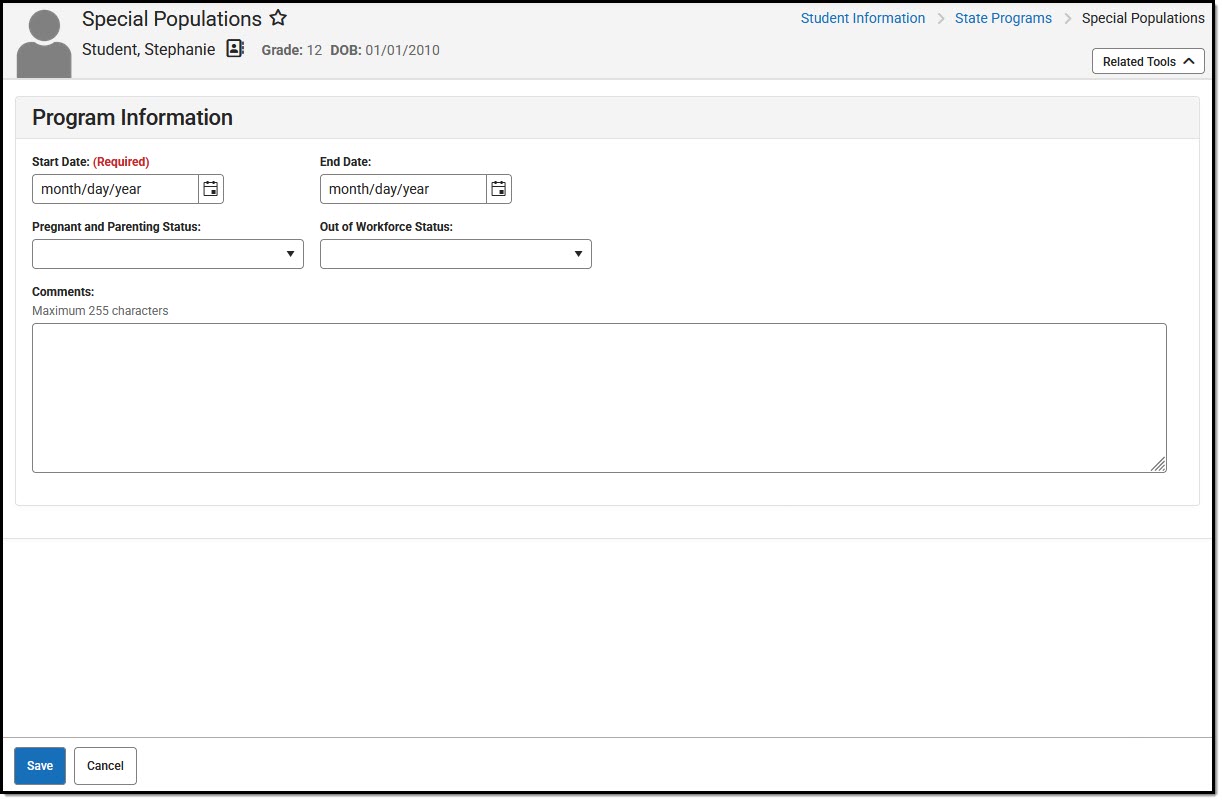 Screenshot of the North Dakota Special Populationstool