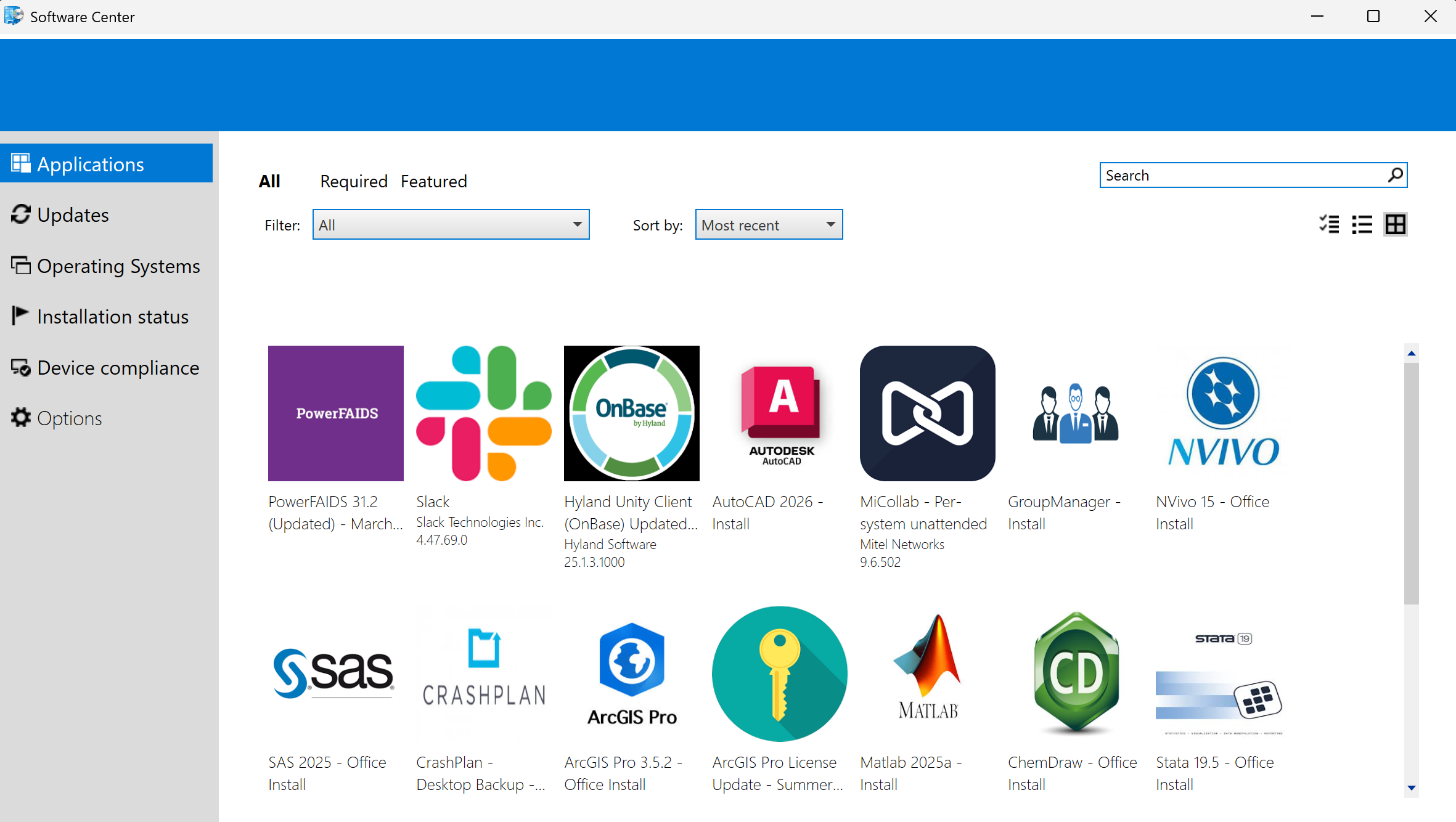 a list of applications in software center