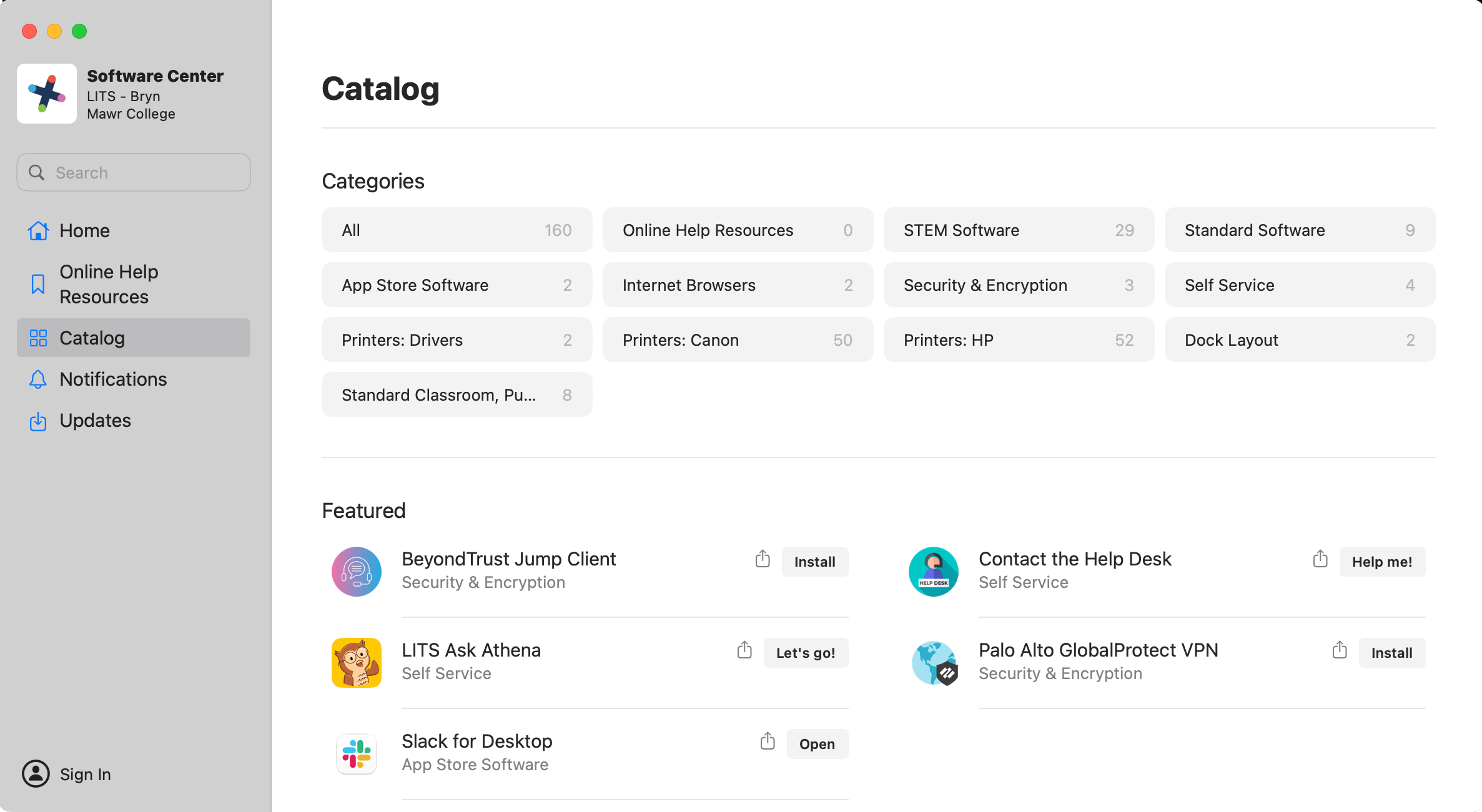 a list of applications in software center
